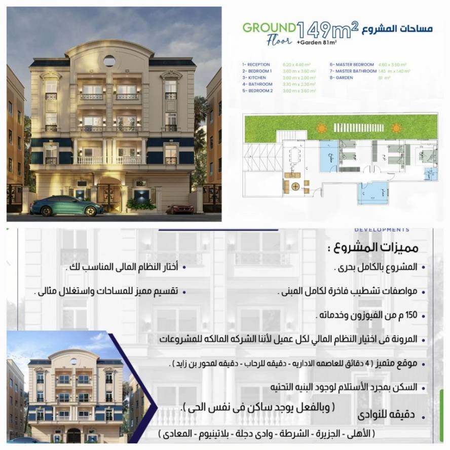 شقة متر ارضي بجاردن في الحي التاني استلام سنتين 1