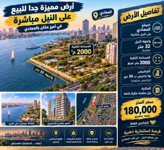 ارض2000م مميزة للبيع علي النيل في المعادي